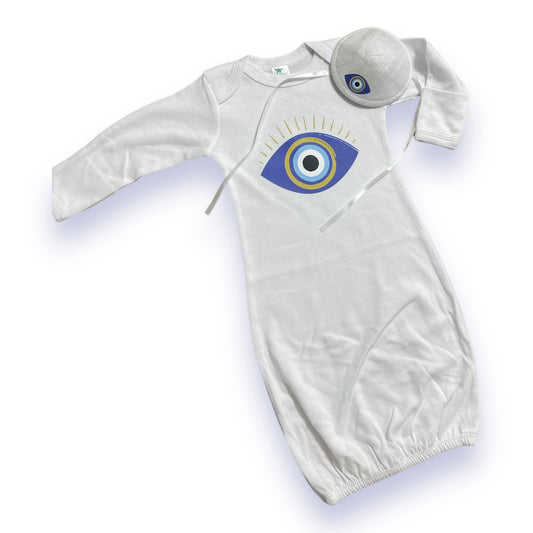 Evil eye baby gown and kippah set for Brit milah
