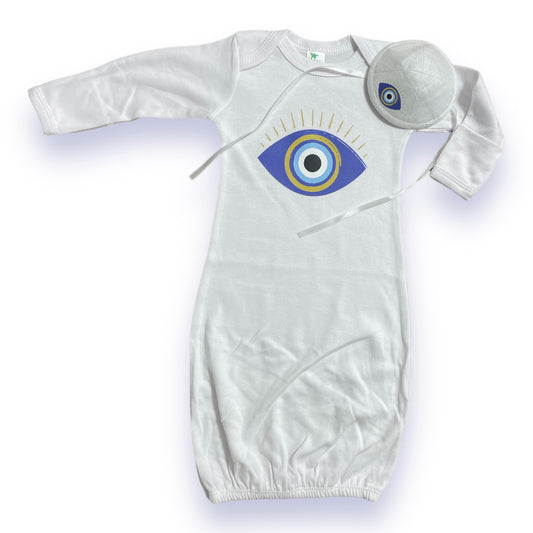 Evil eye baby gown and kippah set for Brit milah