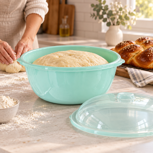 Large mint green Hafrashat Challah bowl with risen dough in a home kitchen