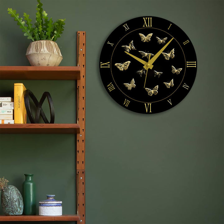 WALL CLOCK GOLD BUTTERFLIES, 10” ROUND, ASTRA COLLECTION, SILENT NON TICKING