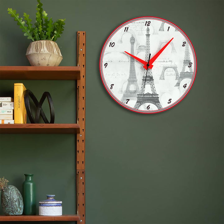 WALL CLOCK , EIFFEL TOWER B&W, 10” ROUND, ASTRA COLLECTION, SILENT NON TICKING