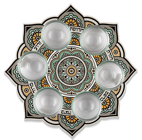 Unique Seder plate with colorful mandala pattern 13" for passover pesach decoration