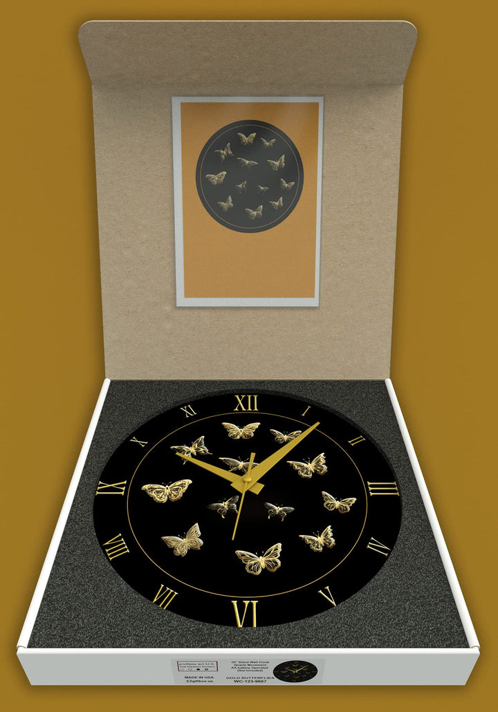 WALL CLOCK GOLD BUTTERFLIES, 10” ROUND, ASTRA COLLECTION, SILENT NON TICKING