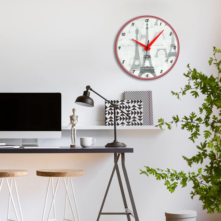 WALL CLOCK , EIFFEL TOWER B&W, 10” ROUND, ASTRA COLLECTION, SILENT NON TICKING