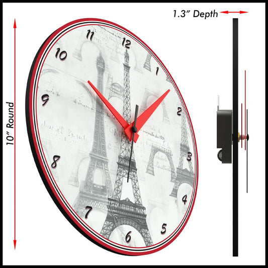 WALL CLOCK , EIFFEL TOWER B&W, 10” ROUND, ASTRA COLLECTION, SILENT NON TICKING