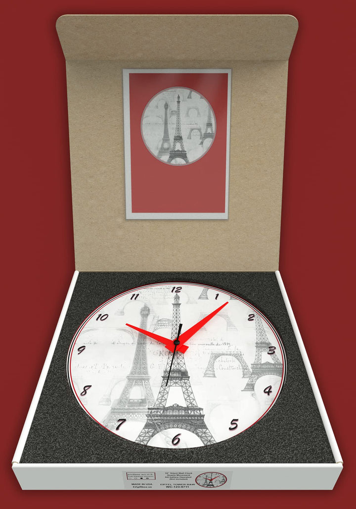WALL CLOCK , EIFFEL TOWER B&W, 10” ROUND, ASTRA COLLECTION, SILENT NON TICKING
