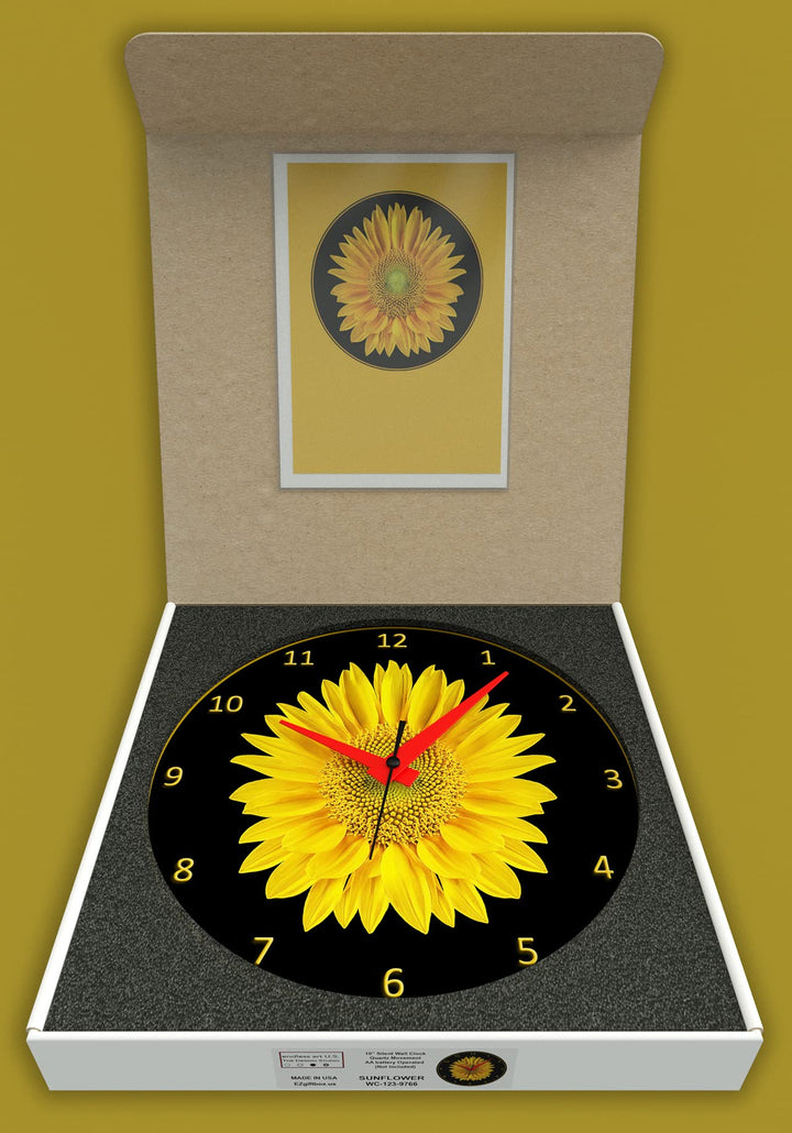 WALL CLOCK , SUNFLOWER, 10” ROUND, ASTRA COLLECTION, SILENT NON TICKING