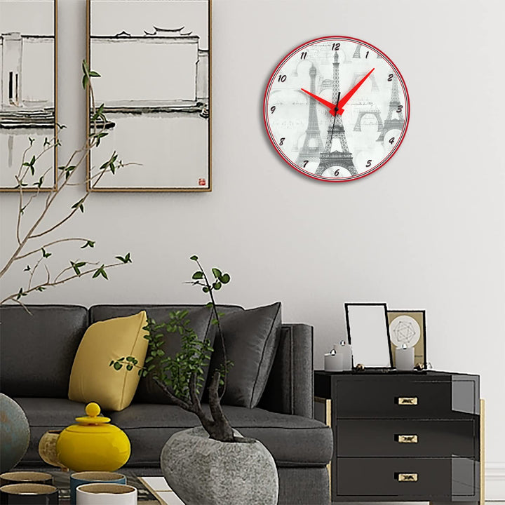 WALL CLOCK , EIFFEL TOWER B&W, 10” ROUND, ASTRA COLLECTION, SILENT NON TICKING