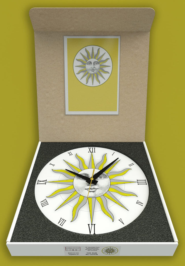 WALL CLOCK , THE SUN, 10” ROUND, ASTRA COLLECTION, SILENT NON TICKING