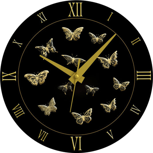 WALL CLOCK GOLD BUTTERFLIES, 10” ROUND, ASTRA COLLECTION, SILENT NON TICKING