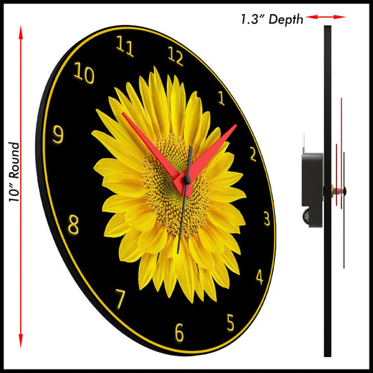 WALL CLOCK , SUNFLOWER, 10” ROUND, ASTRA COLLECTION, SILENT NON TICKING