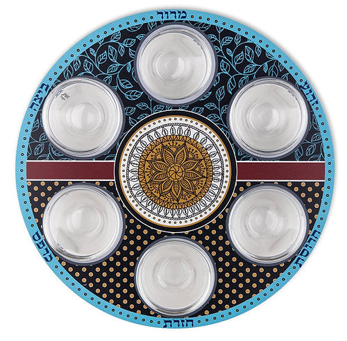 Unique Seder plate with colorful mandala pattern 13" for passover pesach decoration