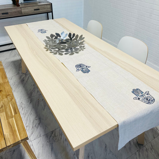 Beige Linen Table Runner Blue Hamsa Embroidred