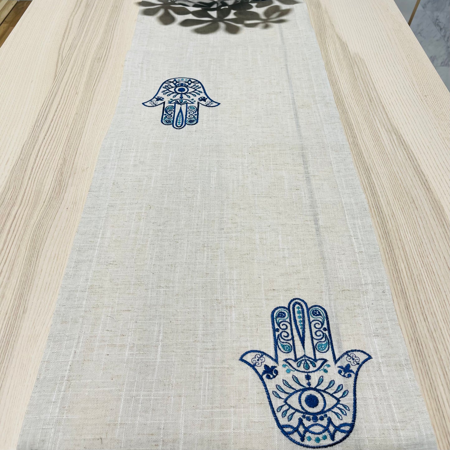 Beige Linen Table Runner Blue Hamsa Embroidred