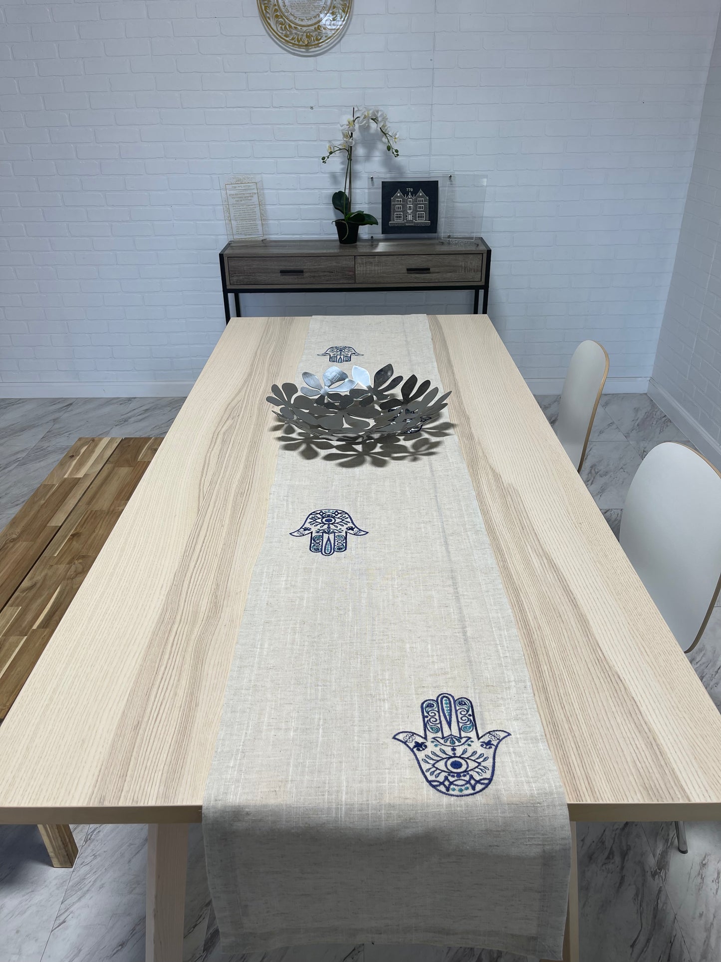 Beige Linen Table Runner Blue Hamsa Embroidred