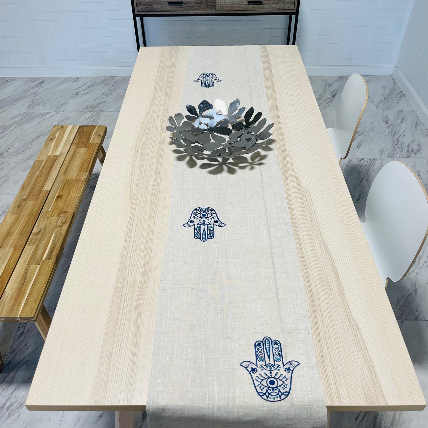Beige Linen Table Runner Blue Hamsa Embroidred