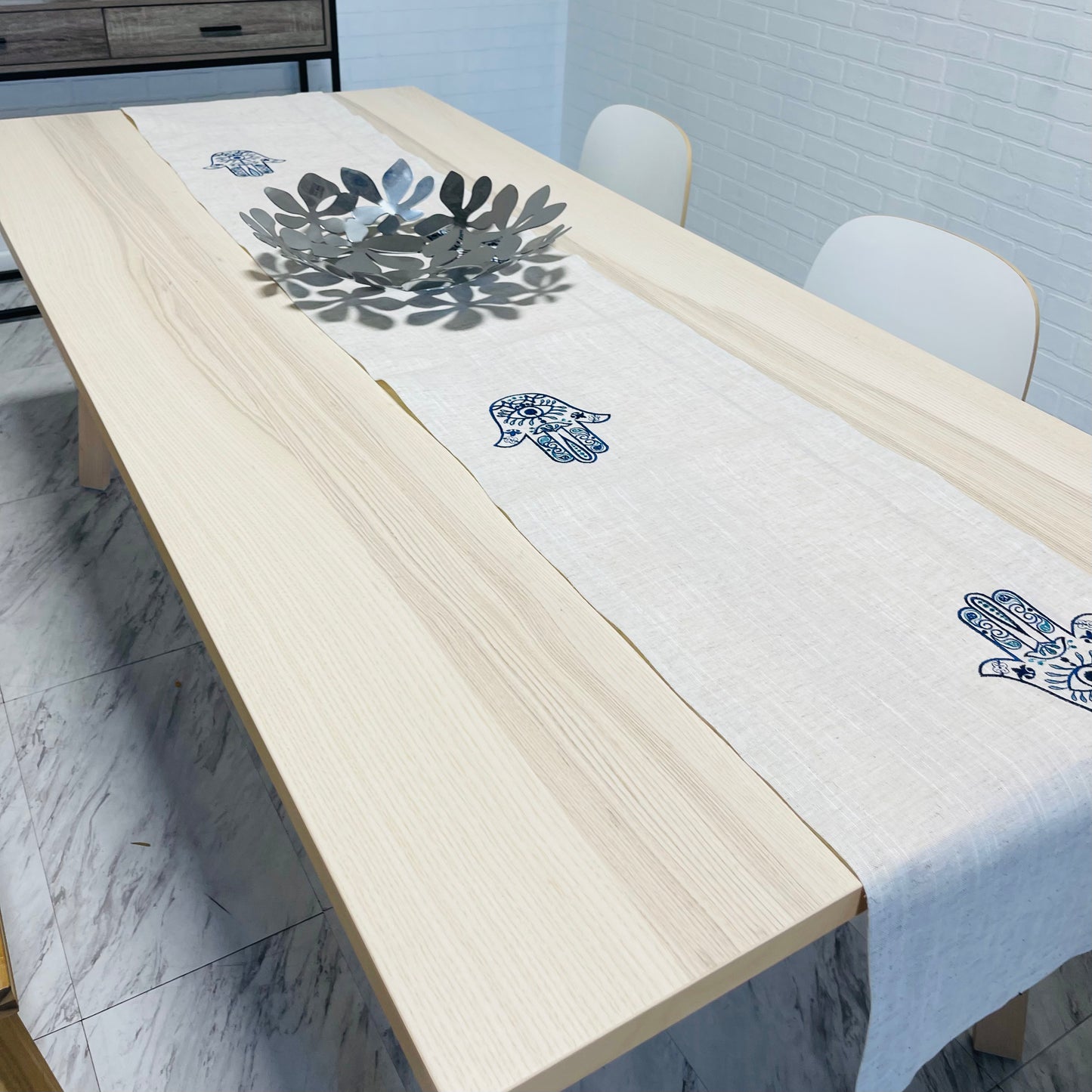 Beige Linen Table Runner Blue Hamsa Embroidred