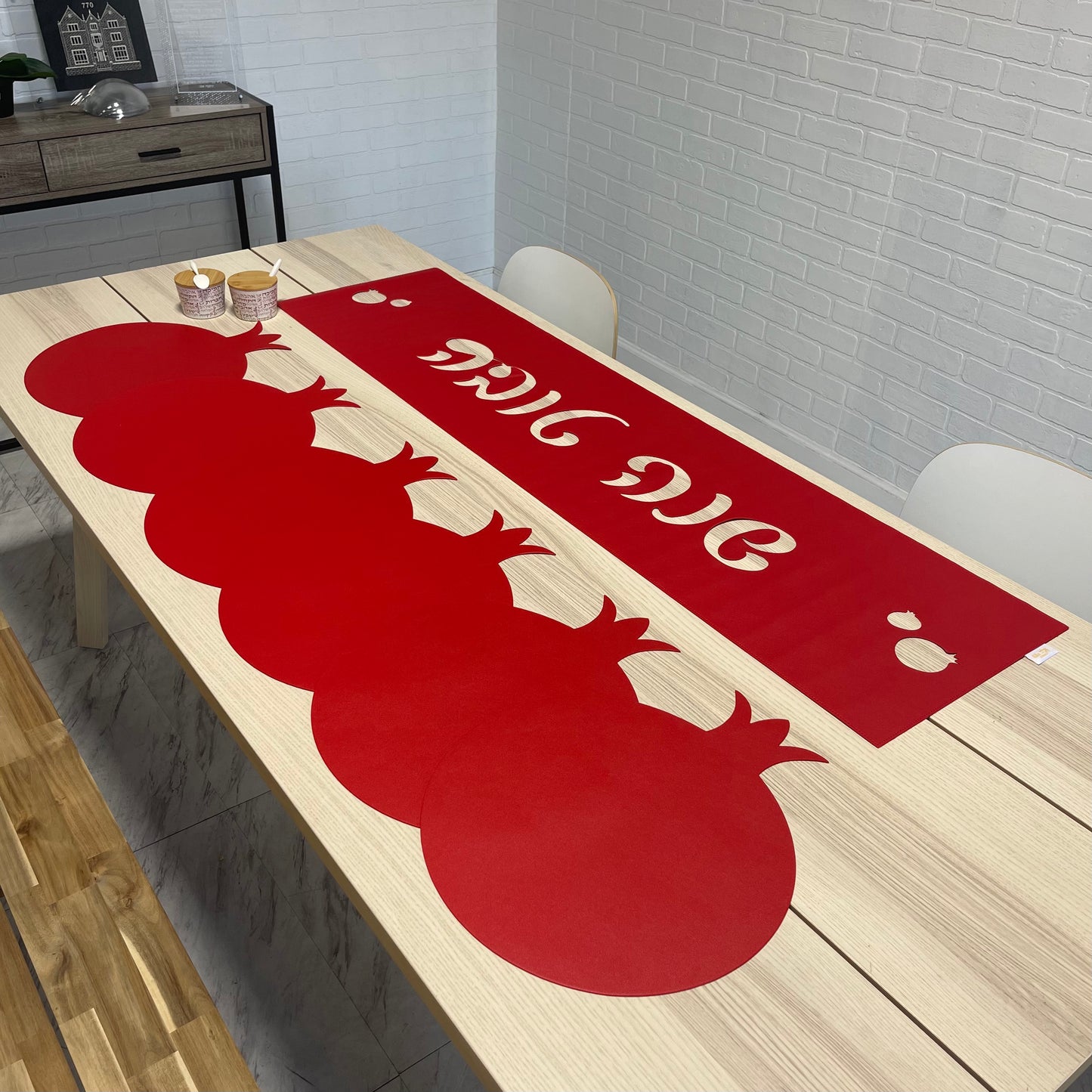 Rosh Hashanah Package. Faux leather Laser cut shanah tovah table runner + 6 matching pomegranate placemats + 2 bamboo honey dishes