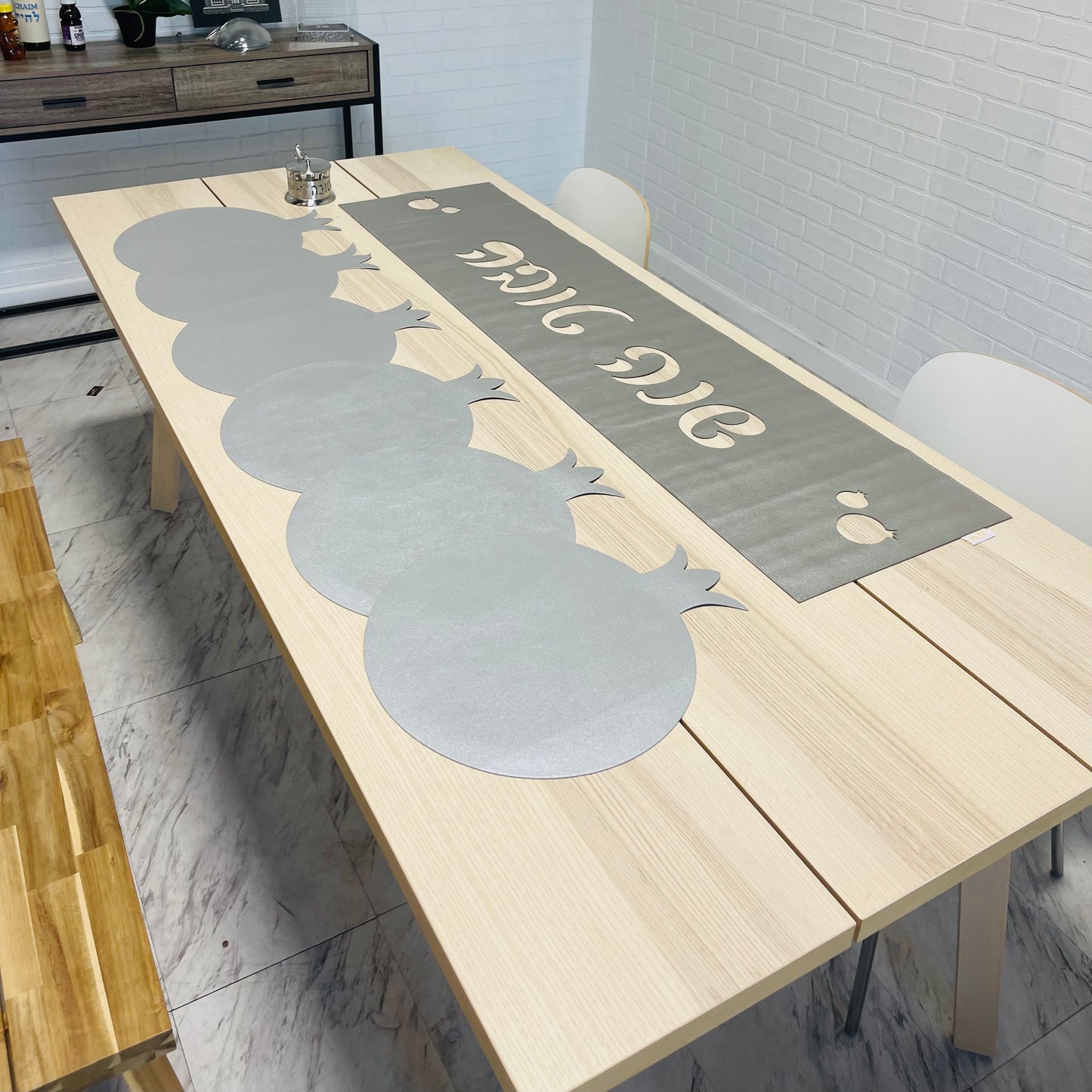 Rosh Hashanah Package. Faux leather Laser cut shanah tovah table runner + 6 matching pomegranate placemats + 1 glass and aluminum honey dish