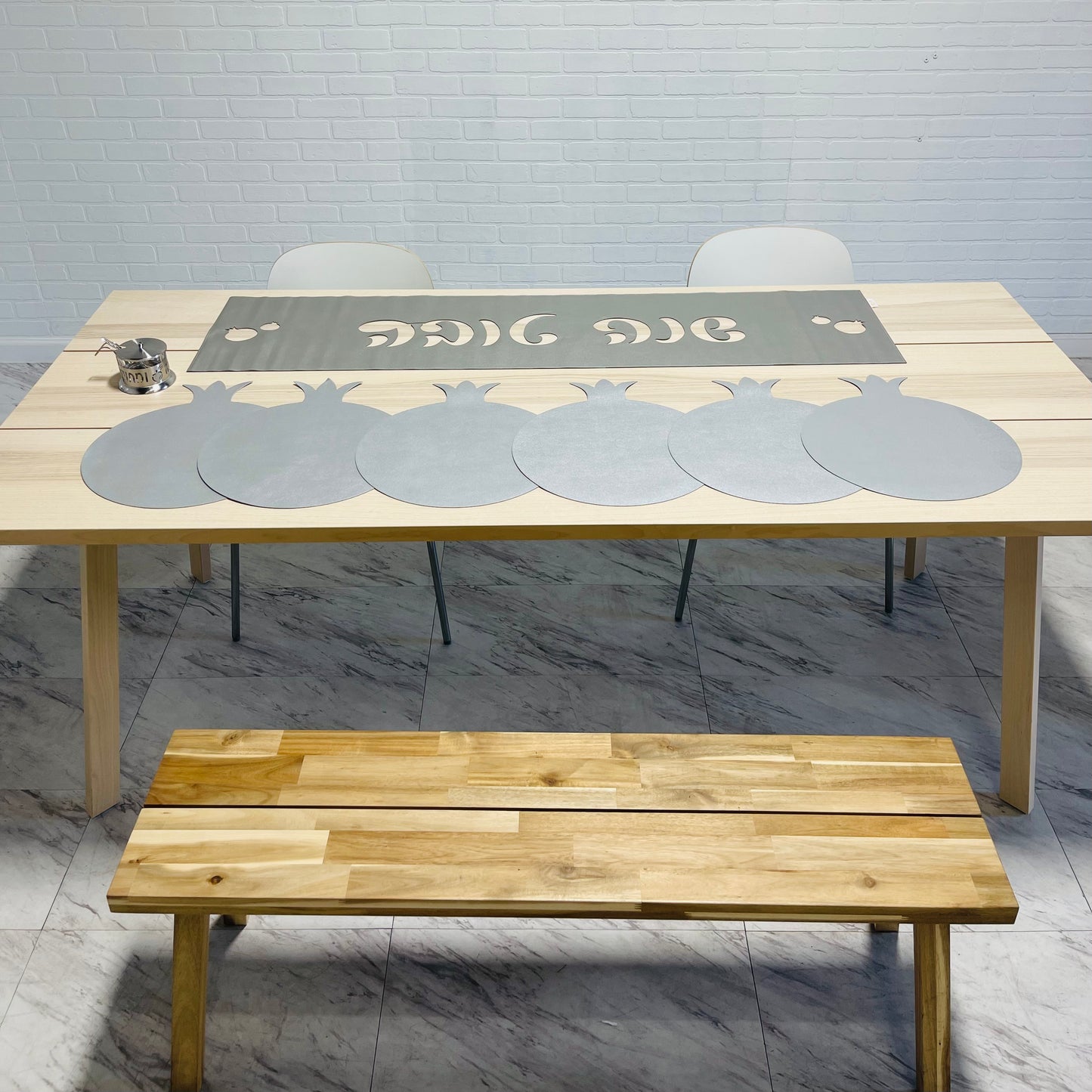 Rosh Hashanah Package. Faux leather Laser cut shanah tovah table runner + 6 matching pomegranate placemats + 1 glass and aluminum honey dish