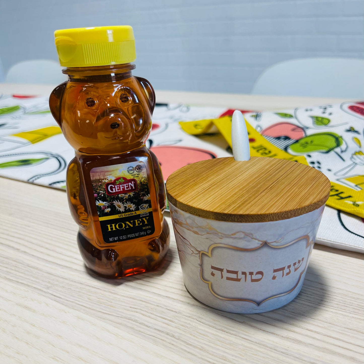 Rosh Hashanah Package. Colorful Linen cotton pomegranate table runner + matching challah cover + bamboo honey dish + Gefen bear honey