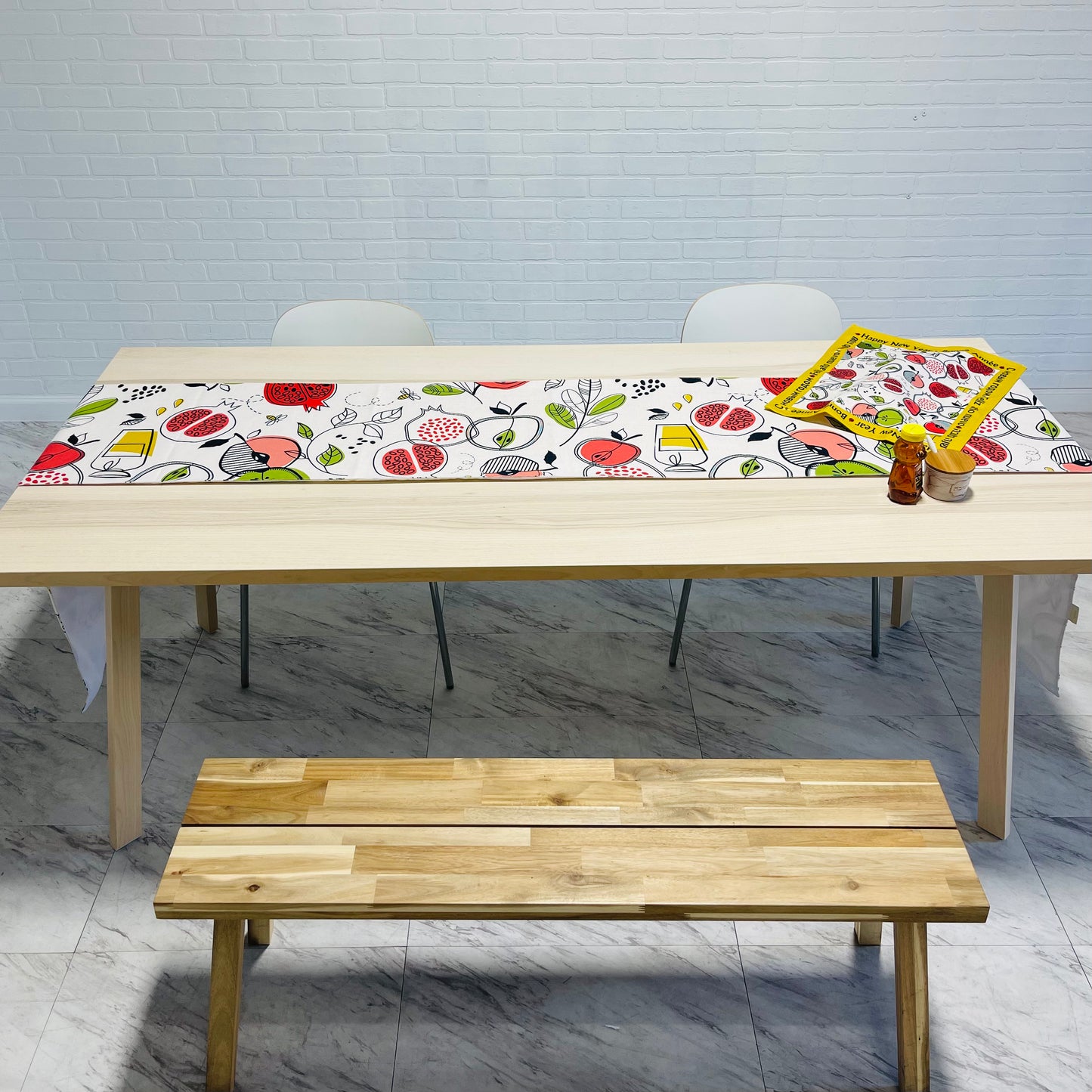 Rosh Hashanah Package. Colorful Linen cotton pomegranate table runner + matching challah cover + bamboo honey dish + Gefen bear honey