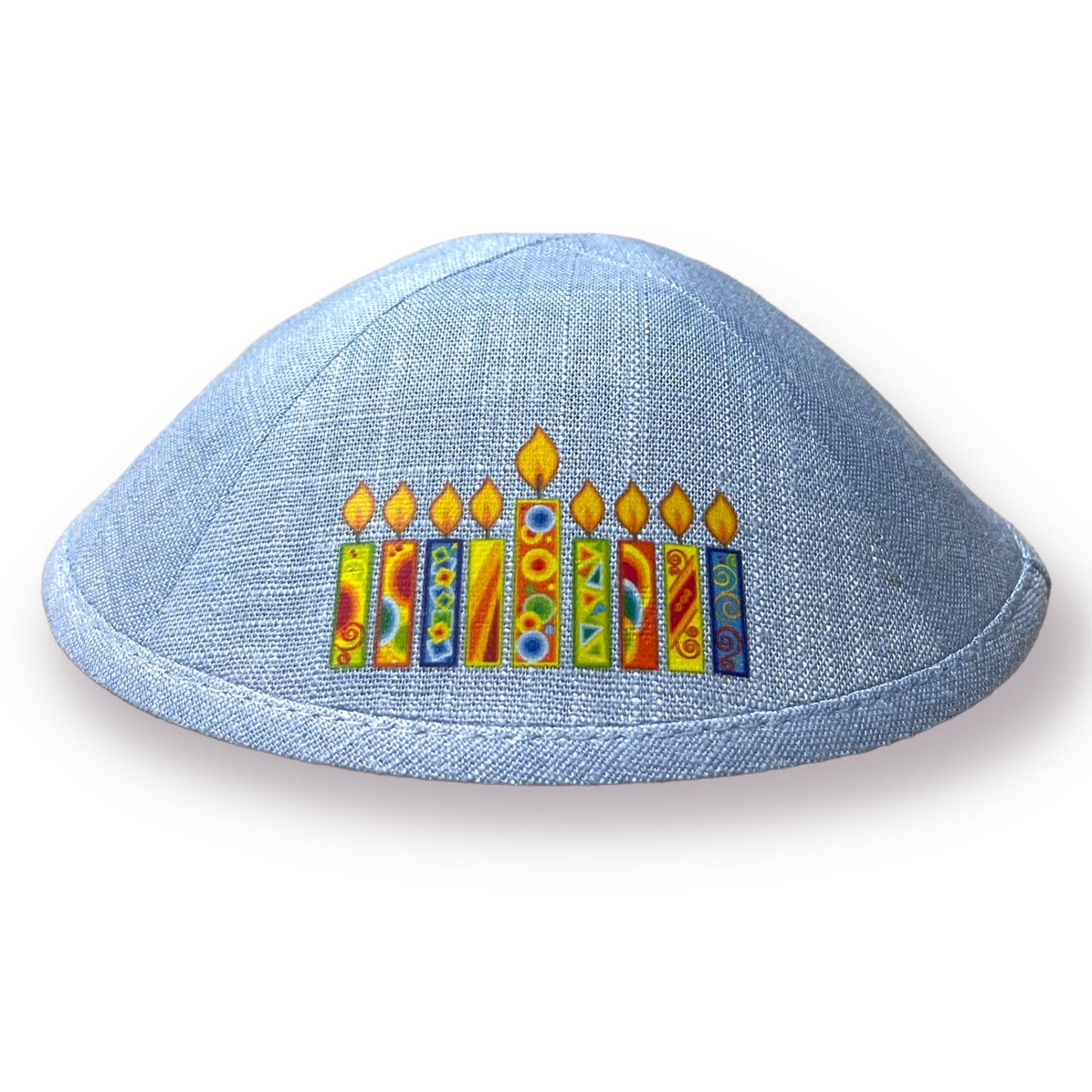 Hanukkah colorful candles printed on a linen kippah