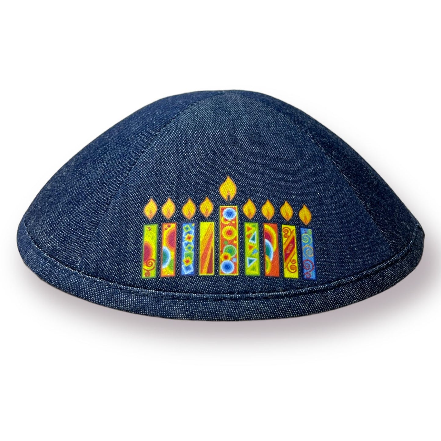 Hanukkah colorful candles printed on a linen kippah