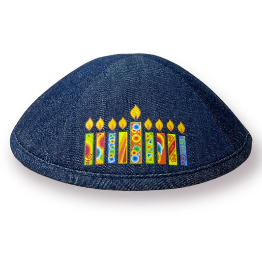 Hanukkah colorful candles printed on a linen kippah