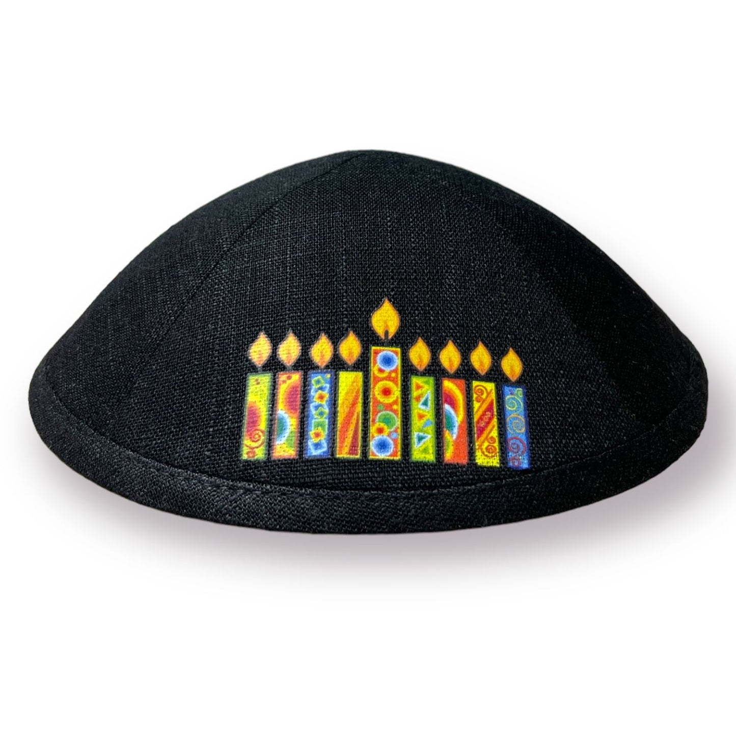 Hanukkah colorful candles printed on a linen kippah