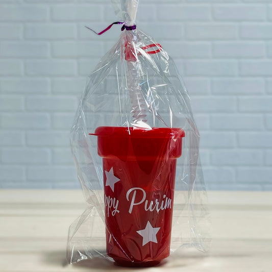 Purim kids mishloach manot tons of candies in a reusable plastic cup with strew