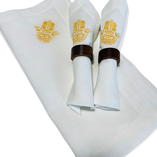 12 pack of White linen with gold hamsa napkins 18 x 18"