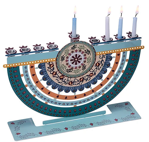 Pomegranate mandala menorah made of metal with a colorful print Made online in Israel