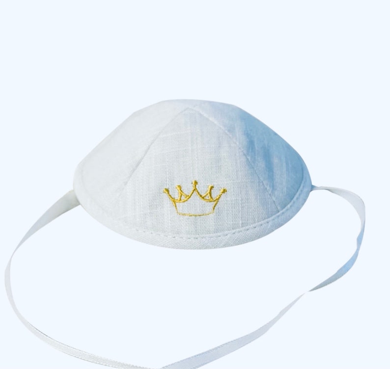 Father and Son Kippot - crown ( Keter ) Matching Embroidered Linen Yarmulkes