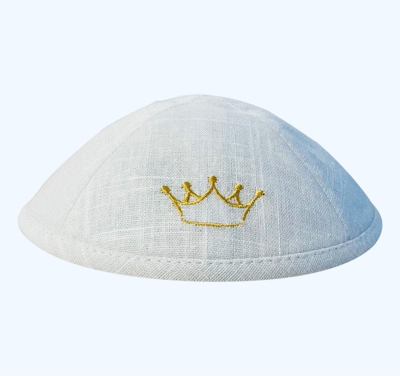 Father and Son Kippot - crown ( Keter ) Matching Embroidered Linen Yarmulkes