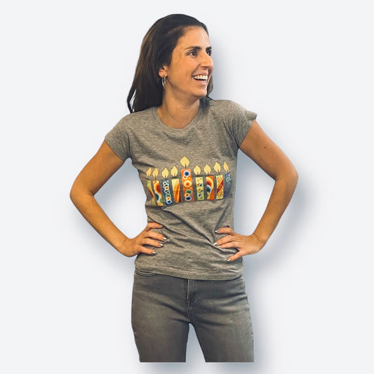 Hanukkah Woman T-Shirt happy colorful Hanukkah candles 100% soft cotton