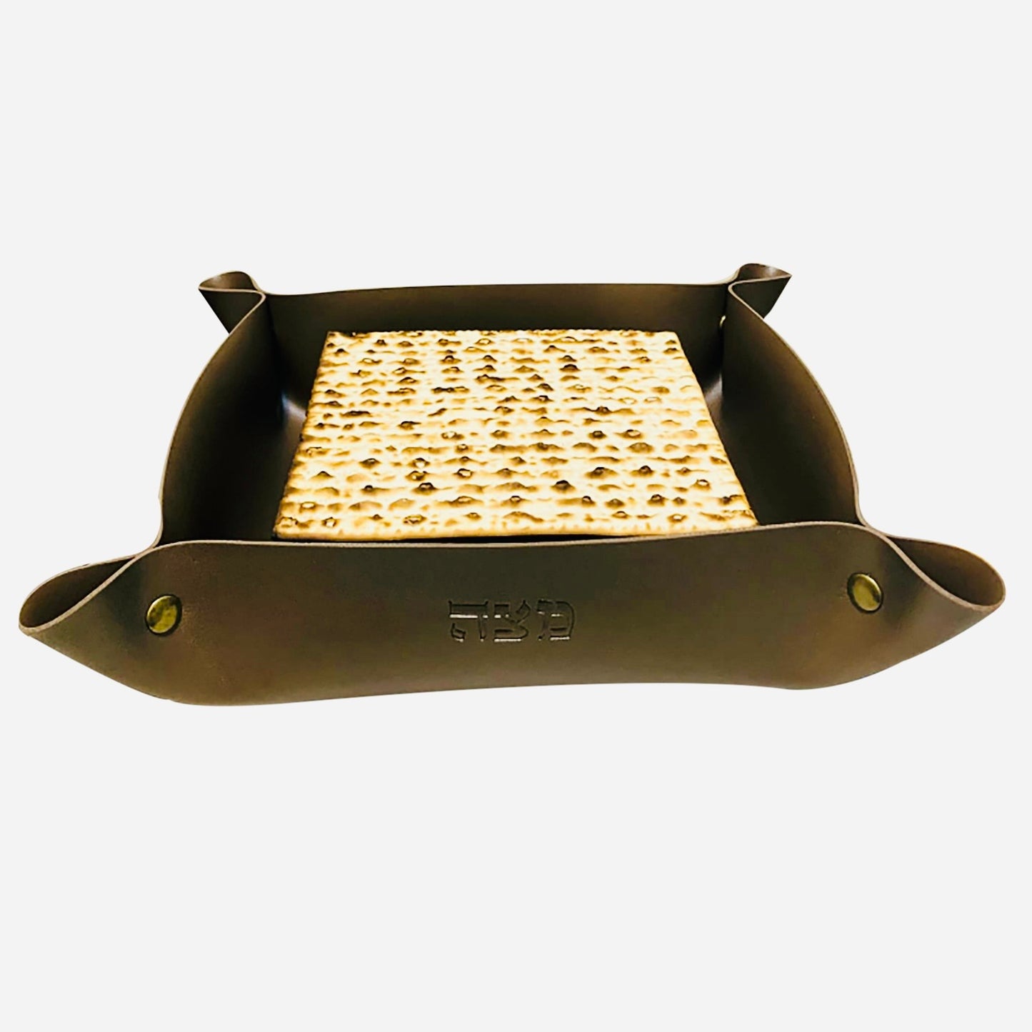 Faux leather folding matzah tray 9.5 x 9.5” Bronze