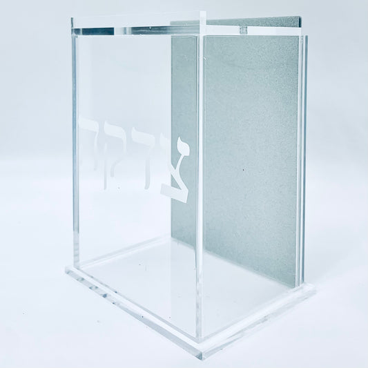 Fancy Lucite Tzedakah Box Silver 6 x 4 x 3”