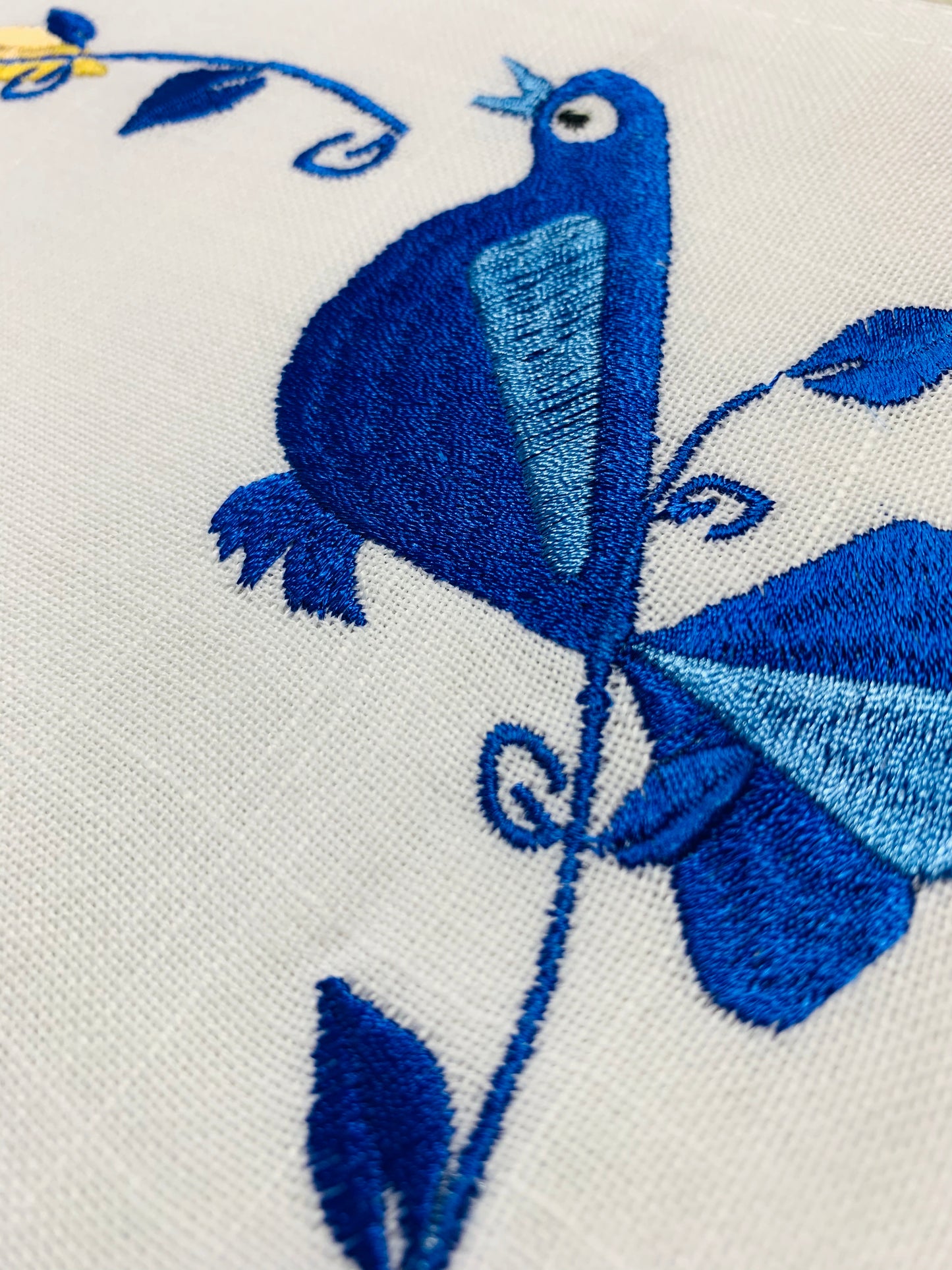 All Linen Embroidered Blue Bird Challah Cover