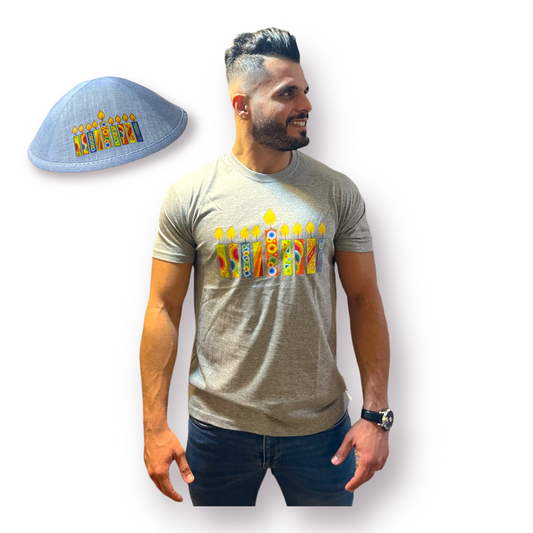 Hanukkah Set Man T-shirt+Kippah colorful hanukkah candles printed