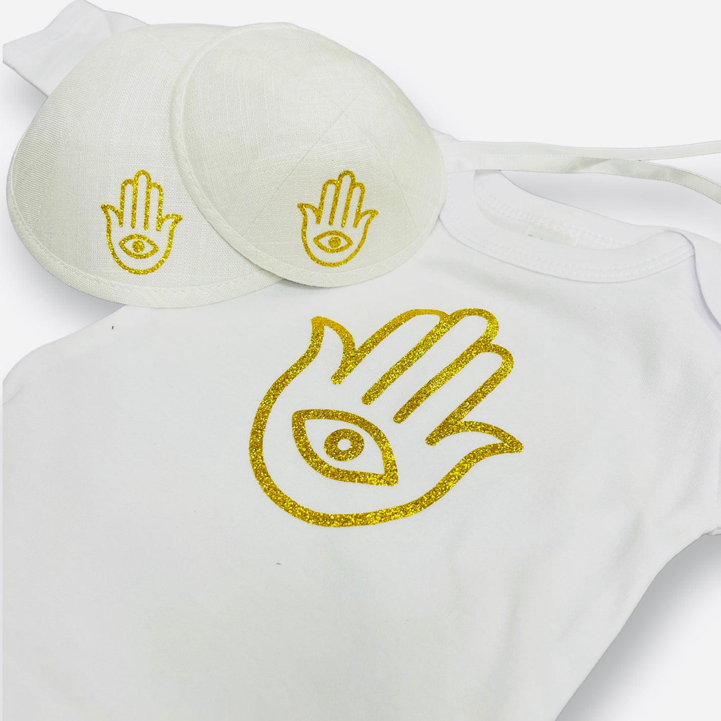 Brit Milah set. Golden hamsa baby gown and matching father baby kippot