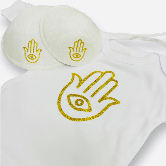 Brit Milah set. Golden hamsa  baby gown and matching father baby kippot