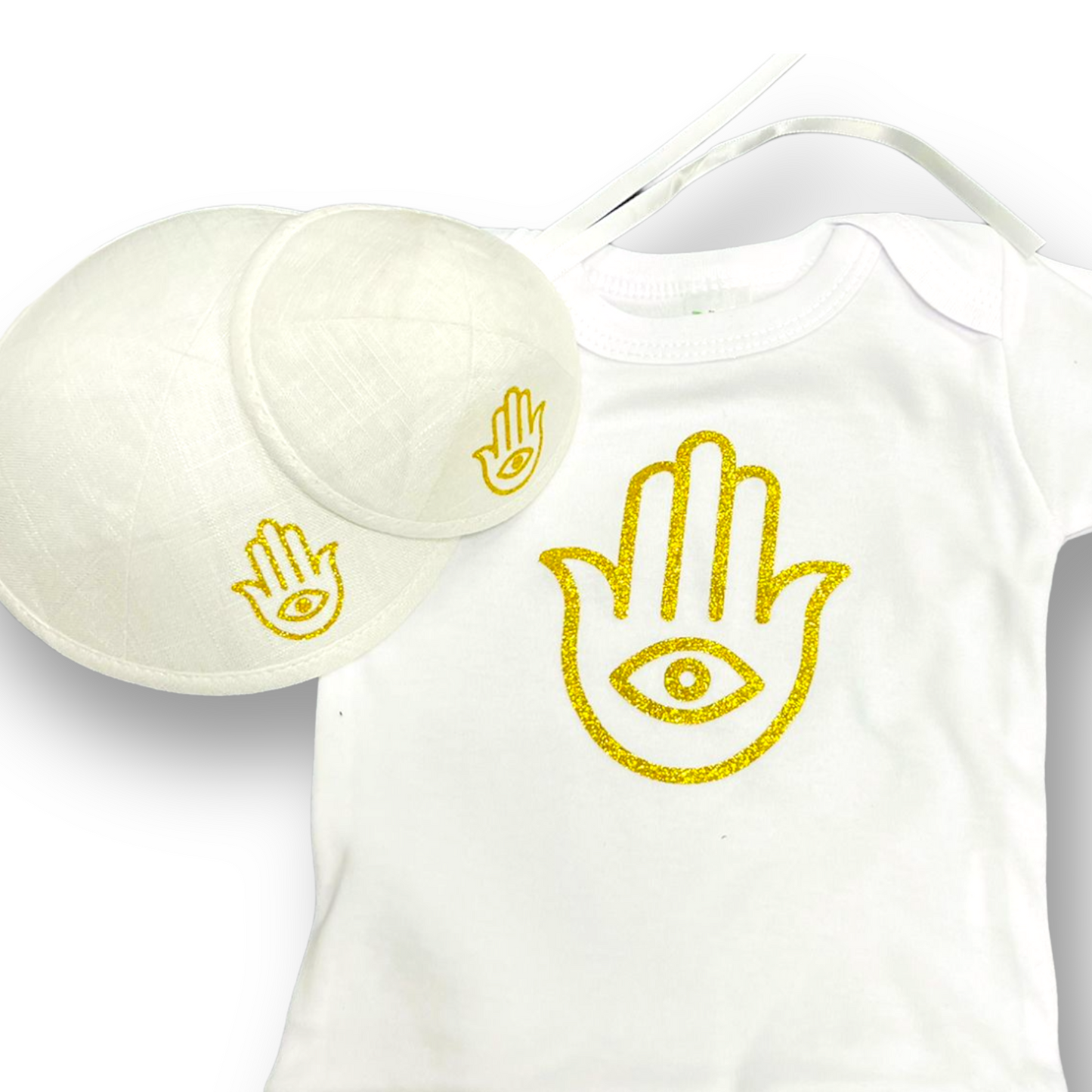 Brit Milah set. Golden hamsa baby gown and matching father baby kippot