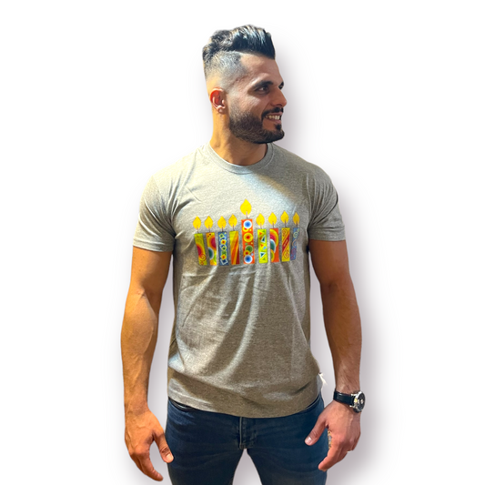 Hanukkah Man T-Shirt happy colorful Hanukkah candles 100% soft cotton