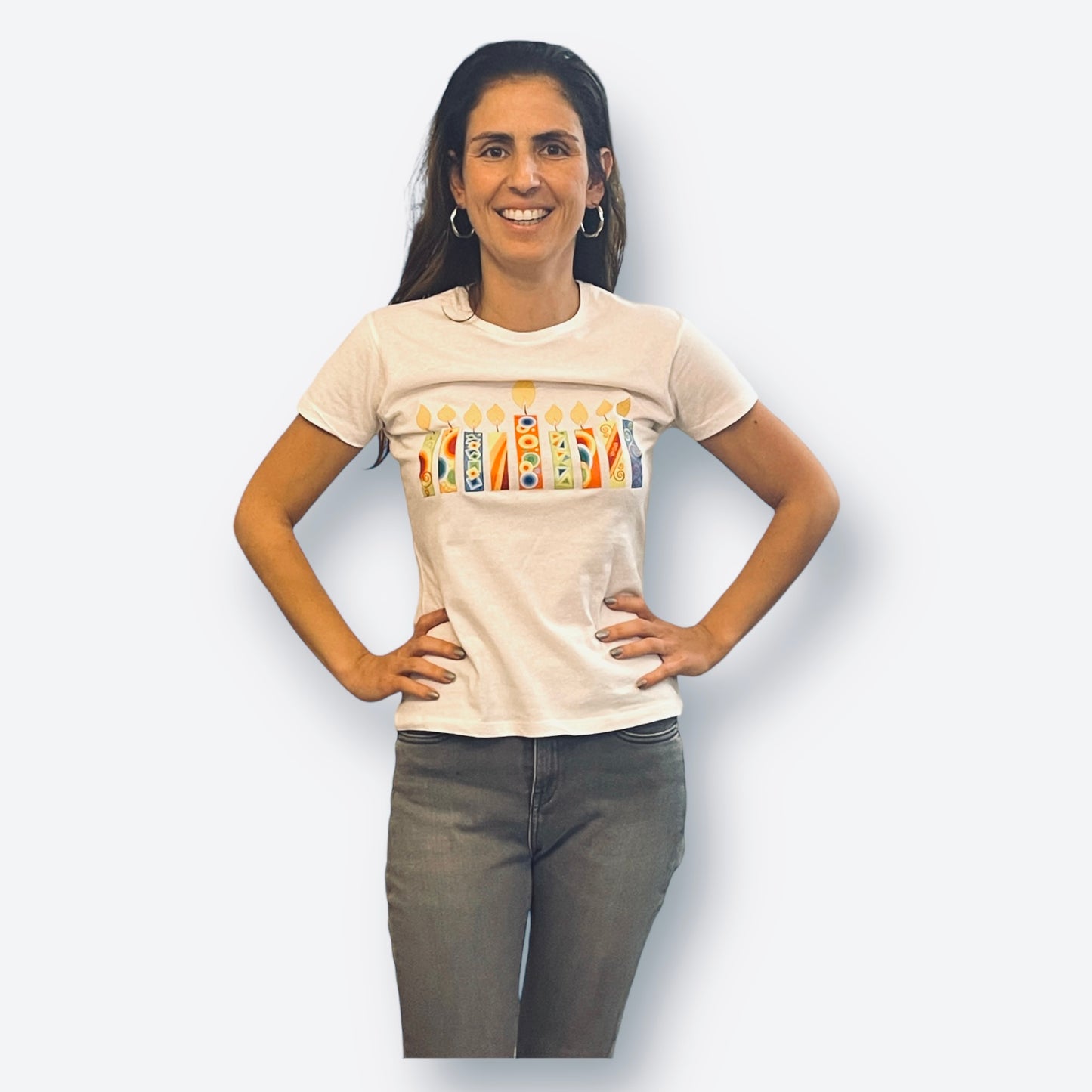 Hanukkah Woman T-Shirt happy colorful Hanukkah candles 100% soft cotton
