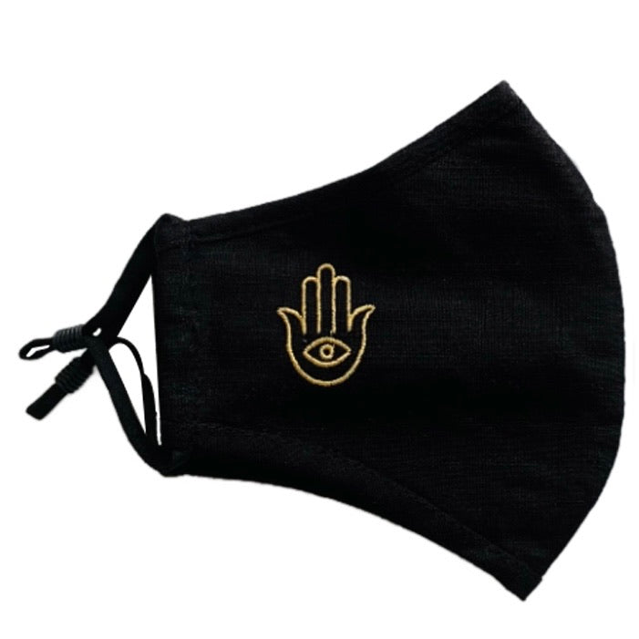 Embroidered Hamsa Face Mask High Quality Airy Linen Double Layer. Adjustable Nose Wire and Ears Band