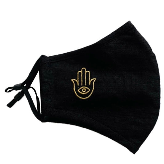 Embroidered Hamsa Face Mask High Quality Airy  Linen Double Layer. Adjustable Nose Wire and Ears Band