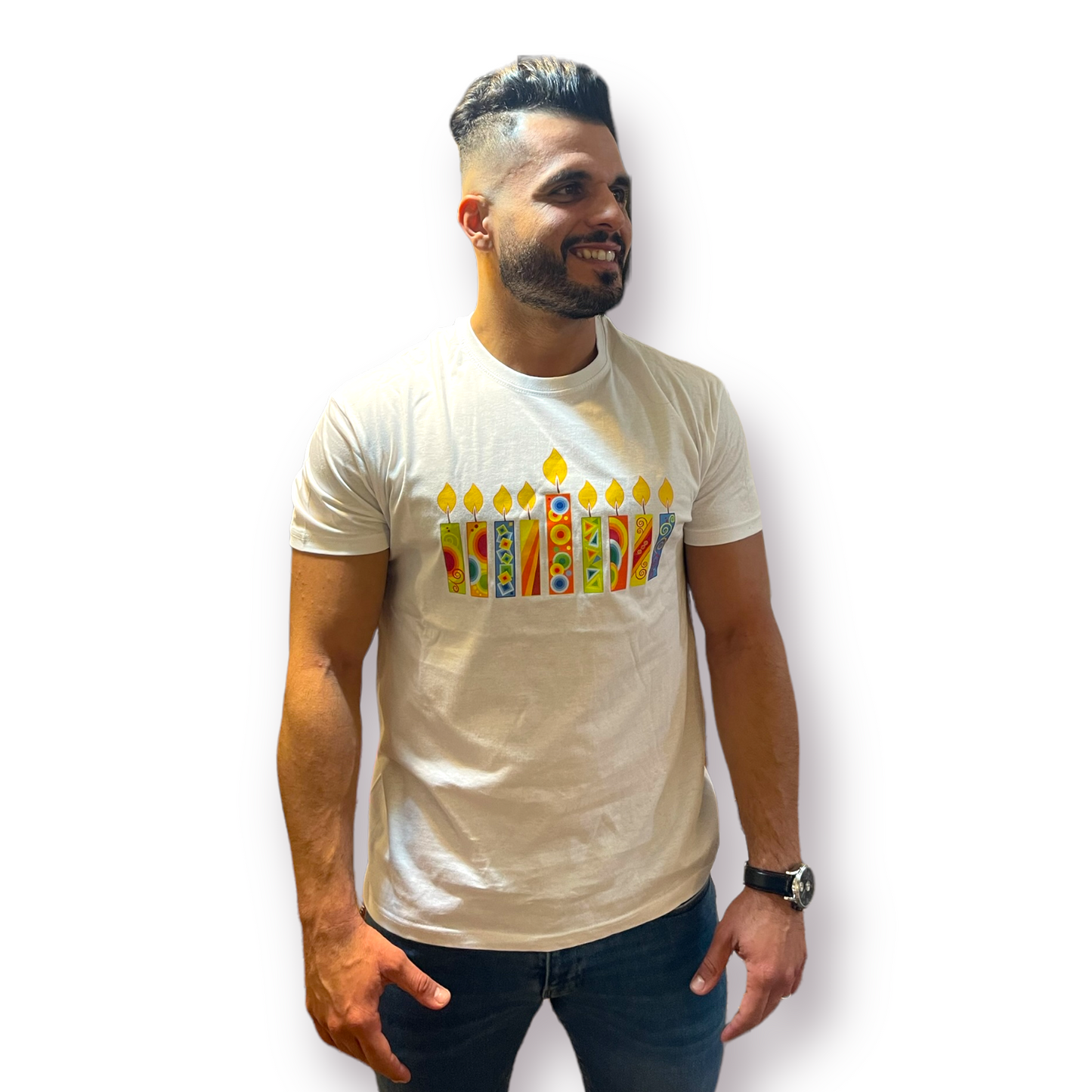 Hanukkah Man T-Shirt happy colorful Hanukkah candles 100% soft cotton
