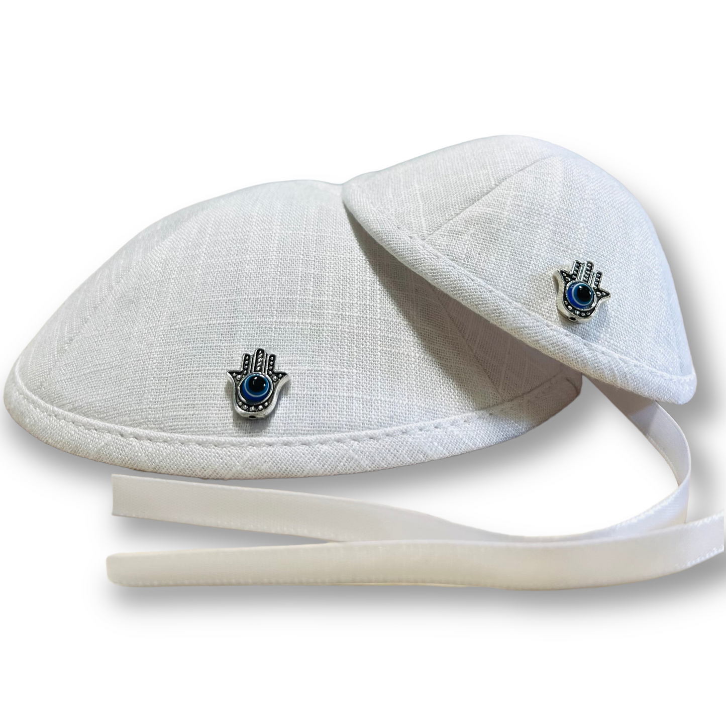 Father and baby boy matching Hamsa linen kippah for Brit Milah