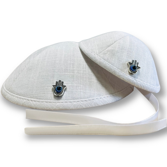 Father and baby boy matching Hamsa linen  kippah for Brit Milah